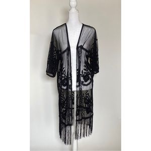 NWT Charlotte Russe sheer black embroidered jacket with fringe